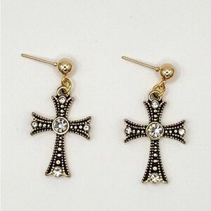 Artisan-Style Antique Gold Cross Earrings